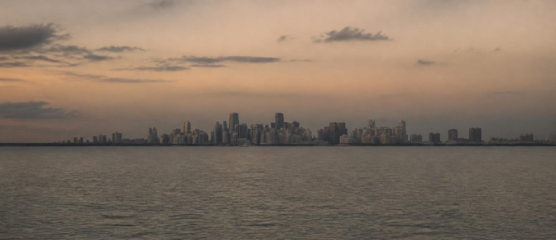 Distant view of the Miami skyline across Biscayne Bay.